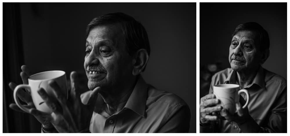 portrait photography - 2 black & white images of man drinking from his teacup