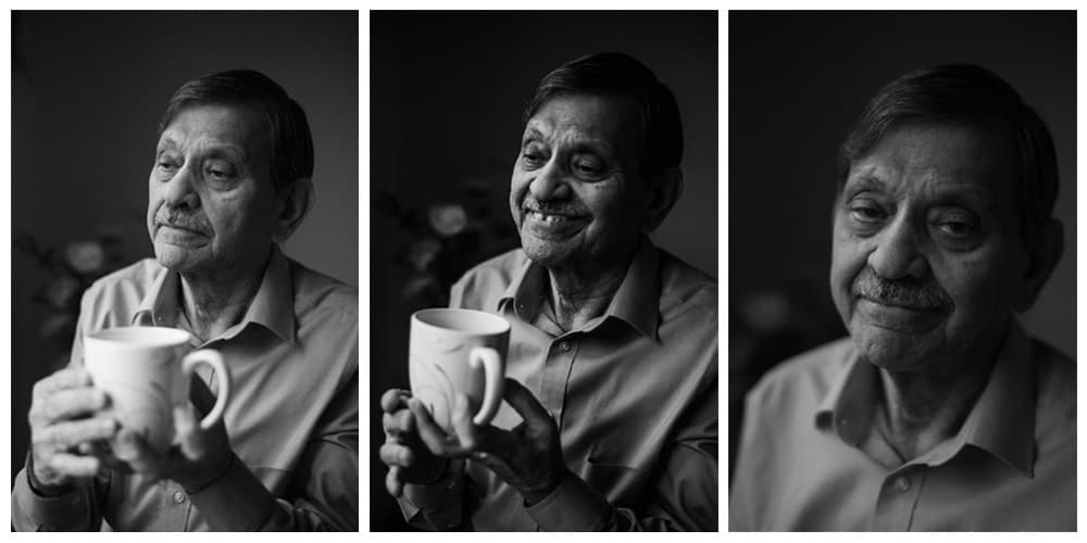 portrait photography - 3 black & white images of man drinking from his teacup